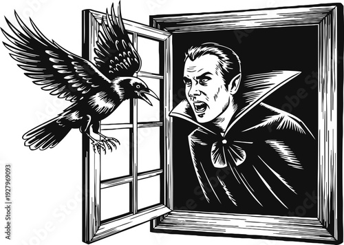 Vampire bursting through window screaming at flying crow in black and white vector illustration