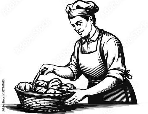 female baker arranging fresh bread rolls in basket wearing apron and chef hat