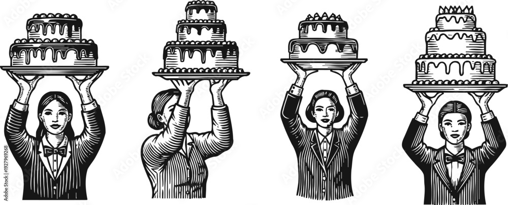 Fototapeta premium waiters holding large tiered cakes overhead in vintage black and white engraving
