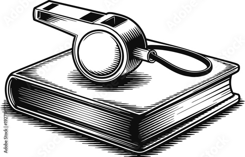 Whistle on book engraving vintage referee whistle with lanyard placed on closed hardcover book, black and white line art