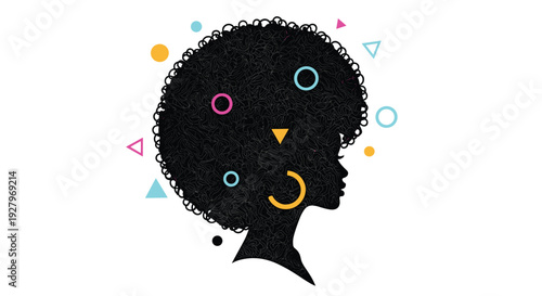 A striking black silhouette of a woman's head with a voluminous afro hairstyle is centrally positioned and surrounded by colorful geometric shapes.