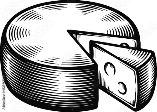 Round cheese wheel with slice cut out in vintage engraved illustration