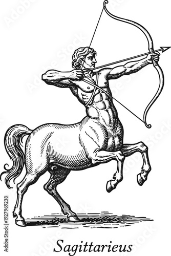Sagittarius centaur archer shooting arrow with bow, mythological half human half horse figure illustration
