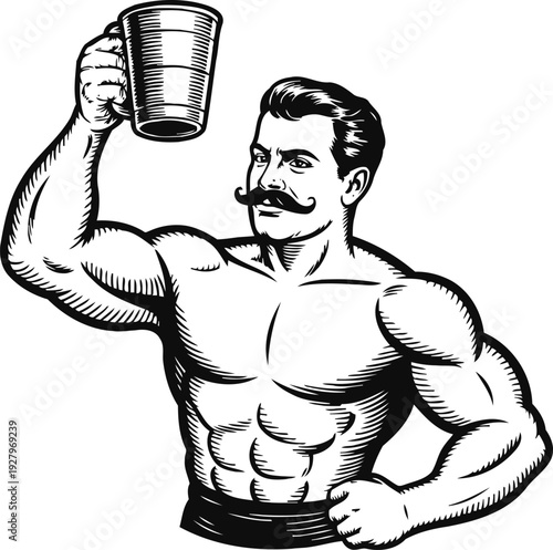 Strong muscular man with mustache holding a large beer mug up in a celebratory pose