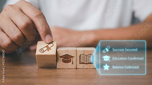 Person arranging wooden blocks with education icons and diploma symbol on a table for success
