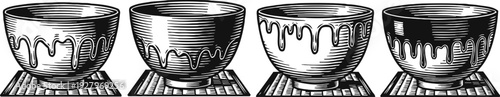 four vintage bowls with dripping glaze design on textured mats, black and white engraving set