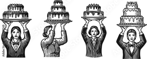waiters holding large tiered cakes overhead in vintage black and white engraving