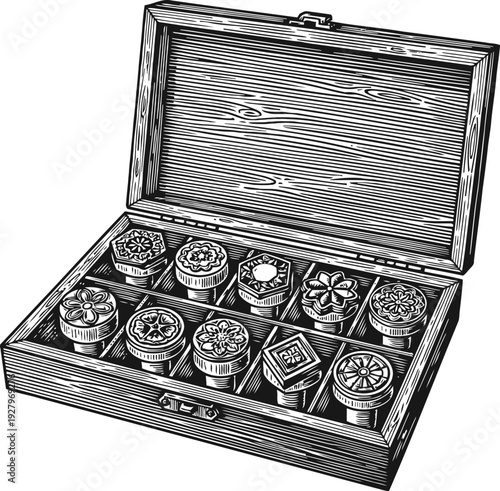 Wooden box with vintage floral carved stamps, antique craft tools set for printing and decoration