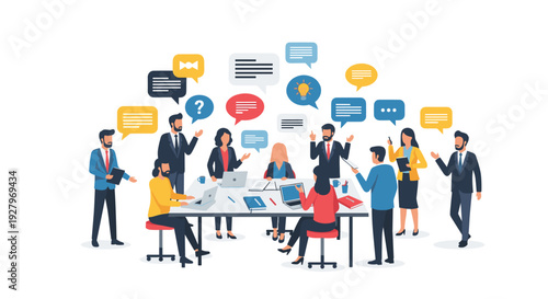 A diverse group of ten business professionals engages in a lively meeting around a white table, surrounded by numerous colorful speech bubbles.