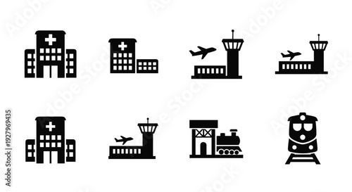 Eight distinct black silhouette icons illustrate essential public and transportation facilities including hospitals, airports, and train stations.