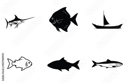 Set of black and white fish and boat silhouettes including swordfish pompano and sailboat