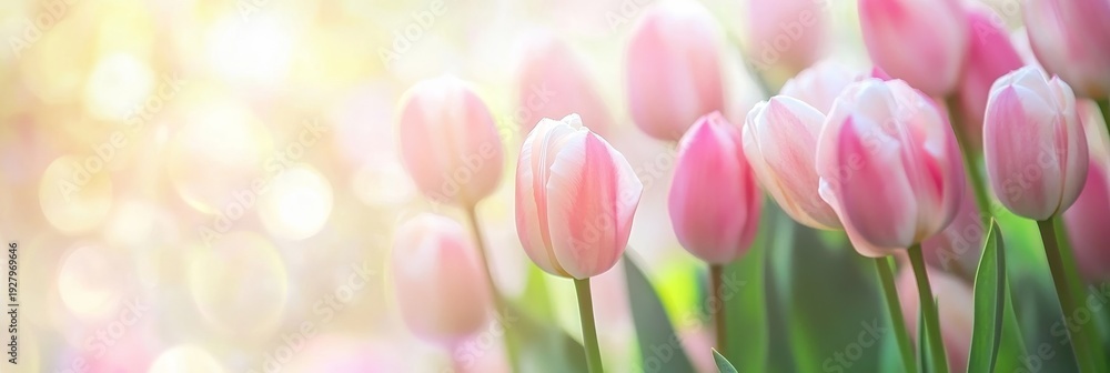 Fototapeta premium Floral background with spring tulips in soft focus for holiday greeting cards and banners