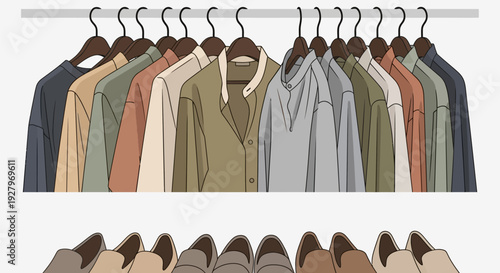 Assorted clothing items hanging on a rack with various hats below.