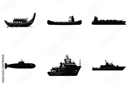 Traditional asian boat silhouette with oars, canoe with person paddling, and cargo ship illustration. Transport vector collection. Nautical, maritime, and travel elements.