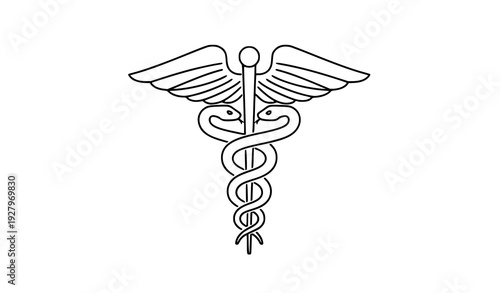 Minimal caduceus medical line icon staff snakes wings vector