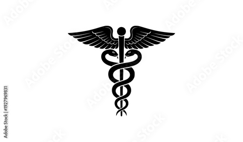 Caduceus symbol staff with two snakes and wings vector illustration