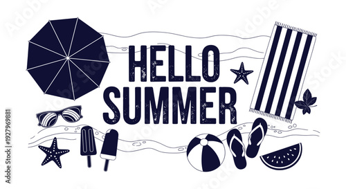 Hello Summer Beach Vacation Elements Vector Illustration Tropical Holiday Fun Accessories