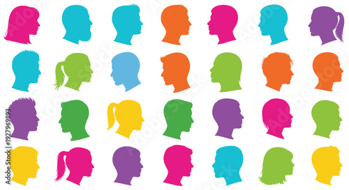 A vibrant grid showcases 27 distinct head silhouettes in profile, each rendered in a unique solid color against a clean white background.