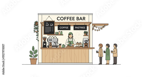 A female barista is serving three customers waiting in line at a quaint coffee bar stall with a wooden counter and menu board.