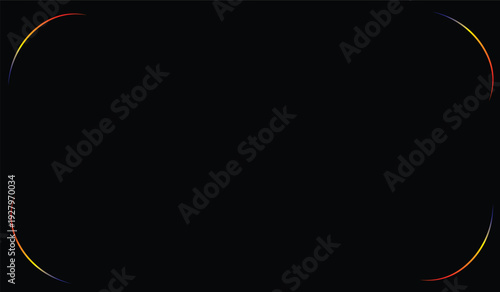 Modern black background with rounded rectangle frame featuring subtle gradient arcs in red orange yellow and blue decorative design
