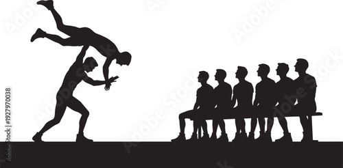Cheerleading stunt silhouette vector illustration, cheerleaders performing lift with team sitting on bench