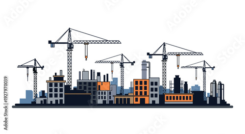 Six tall grey tower cranes are actively engaged in constructing multiple buildings of various sizes and colors within an urban setting on a white background.