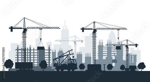 A monochromatic silhouette cityscape depicts a large construction site with five prominent cranes, numerous unfinished buildings, and various vehicles.