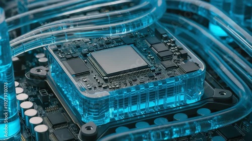 A macro closeup of an electronic motherboard highlighting the digital processor chip and electrical hardware components within a modern computer network circuit