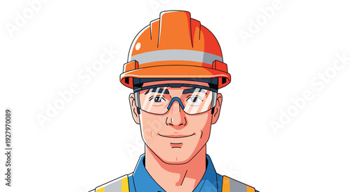 A close-up portrait of a smiling male construction worker with light skin, wearing an orange hard hat with a grey stripe and clear safety glasses.