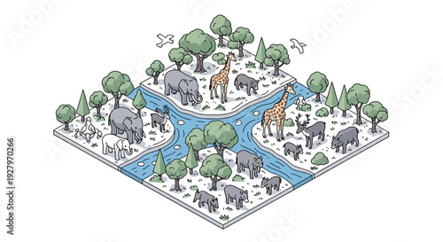 Isometric vector illustration of a diverse wildlife scene with various animals, trees, and a river for World Wildlife Day, conveying a natural and educational concept