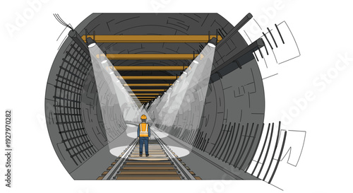 A single construction worker stands with his back to the viewer in a partially constructed, circular tunnel illuminated by two bright spotlights.