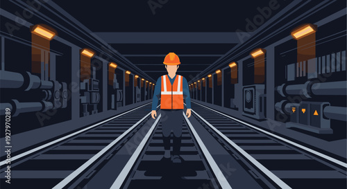 A lone construction worker wearing an orange hard hat and safety vest walks down a dark, industrially lit subway tunnel with two sets of tracks.