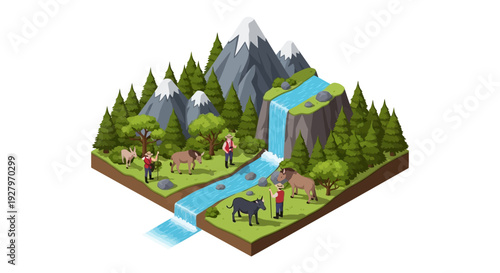 Isometric vector illustration of a vibrant World Wildlife Day scene featuring a river, waterfall, and diverse wildlife in a lush, green forest with a mountainous background