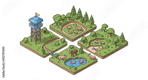 Isometric vector illustration of a World Wildlife Day concept featuring a divided landscape with a water tower, trees, and animals in a cartoon style with a natural color palette on a white