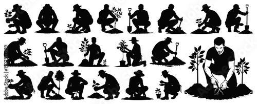 Men Silhouettes Planting Trees and Gardening Activities Isolated on Transparent Background