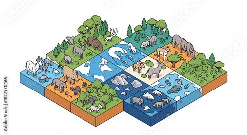 Isometric vector illustration of diverse ecosystems on World Wildlife Day, showcasing various animals and plants in a 3D design background concept