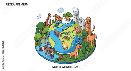 Isometric vector illustration of World Wildlife Day featuring diverse animals and trees around a globe on a white background