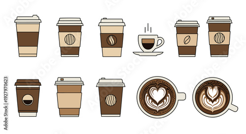 A collection of ten outlined coffee icons, including disposable cups and two top-down latte art designs, is displayed on a light beige background.
