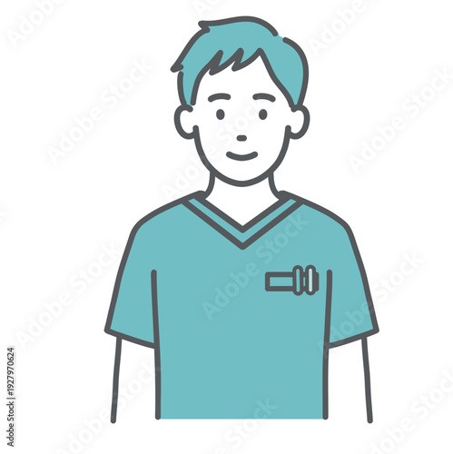 スクラブを着た男性医療従事者のイラスト（笑顔・上半身）