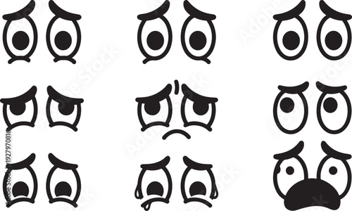 Cartoon eye expressions set with cute sad angry crying faces, doodle vector illustration pack