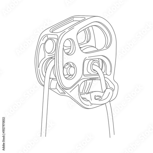 Detailed illustration of climbing rope anchor device with carabiner and safety cord
