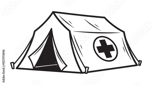 Medical Relief Tent Illustration Single Field Shelter with Cross Emblem for Rapid Deployment and Mobile Clinic Services
