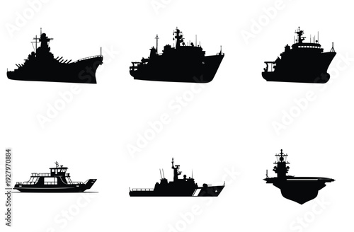 Tugboat silhouette, oceanographic vessel illustration, and fishing boat vector. Maritime, industrial, and sea craft collection. Commercial, work, and transport.