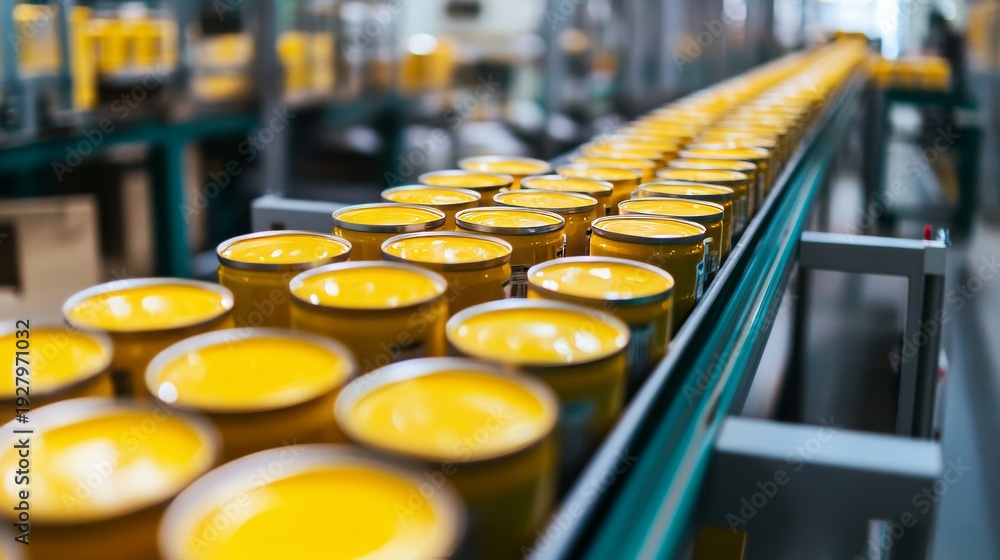 Fototapeta premium Canned food products move on conveyor belt in distribution warehouse during busy work hours