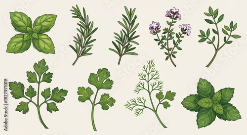 Collection of various green herbs and plants including basil rosemary and oregano with delicate purple flowers on a light beige background