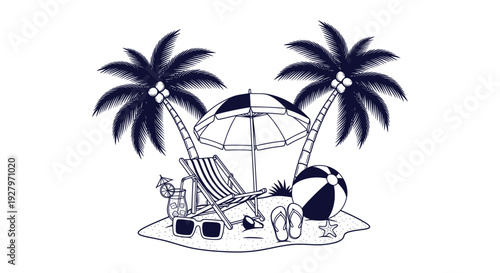 Tropical Beach Vacation Scene Summer Holiday Paradise Palm Trees Umbrella Lounge Chair Accessories