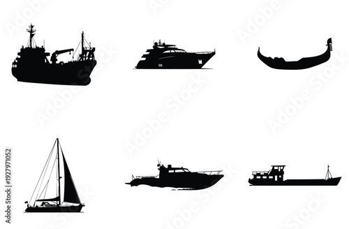 Fishing trawler silhouette, luxurious modern yacht outline, gondola vector, another sailboat illustration, speed boat design, and a barge silhouette on isolated white background with checkered border