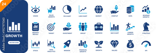 Growth icon collection featuring line chart, career growth, startup and investment symbols. Solid vector icons.