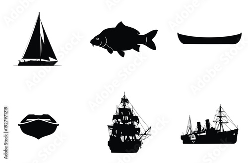 Sailboat silhouette on white background with checkered border, fish outline, and various boat shapes including a fishing vessel, historic sailing ship, and classic paddle steamer boat graphic set