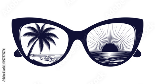Tropical Beach Sunset Sunglasses Vector Illustration Summer Vacation Paradise Graphic